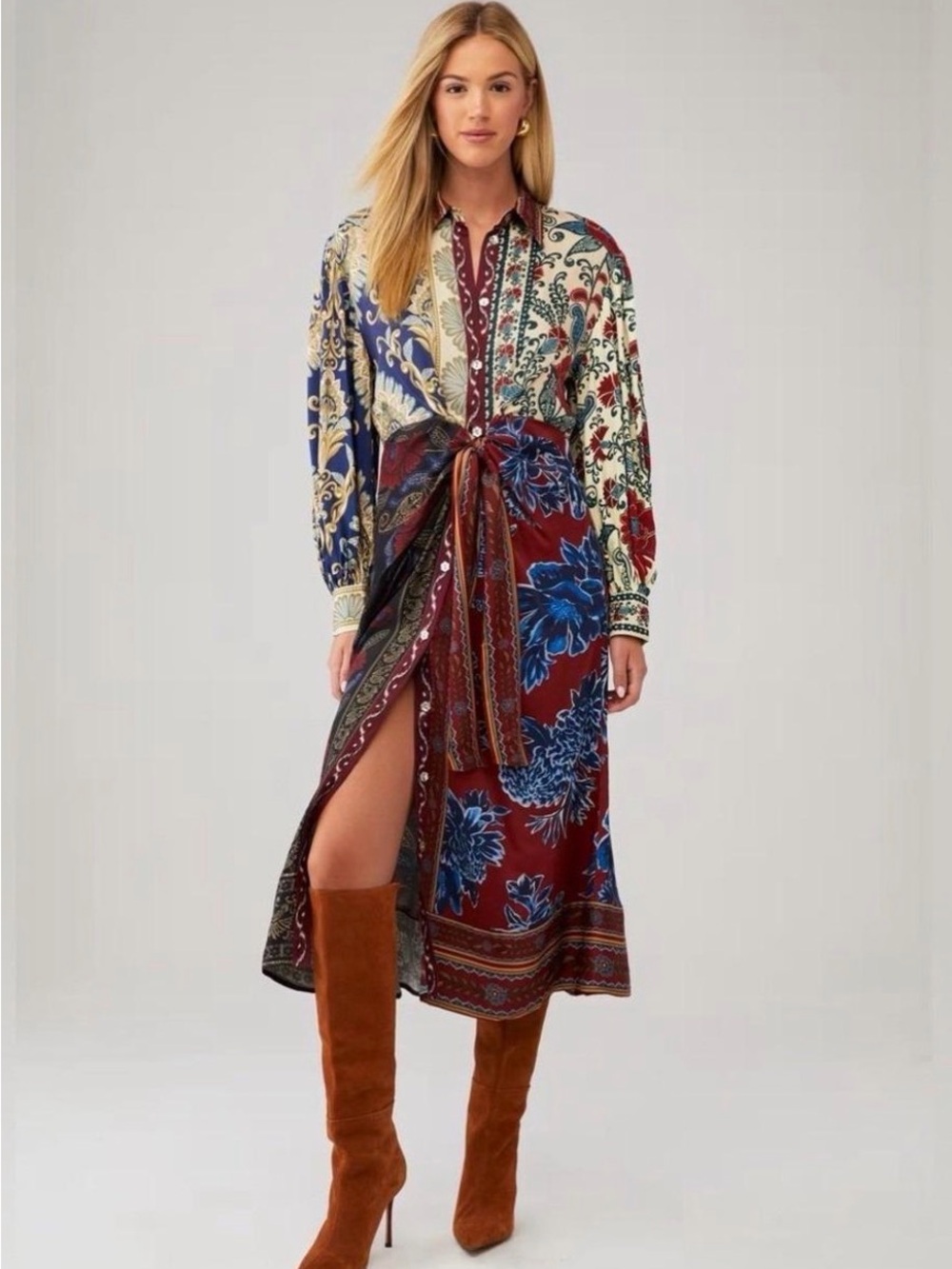 FARM Rio Burgundy and Blue Paisley Tie-Waist Midi Shirt Dress